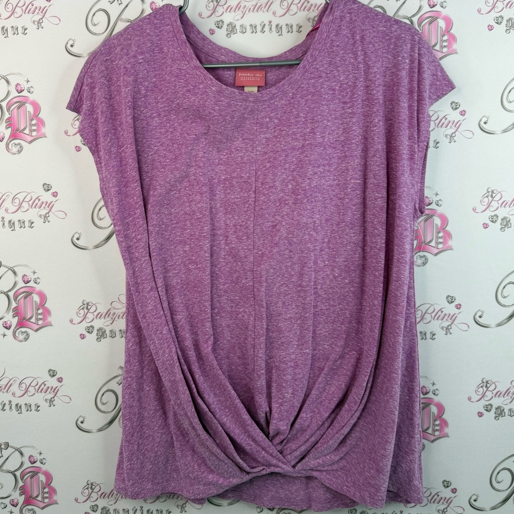 Paisley Sky maternity T-shirt knotted hem wrap Heathered Purple Short Sleeve Top
